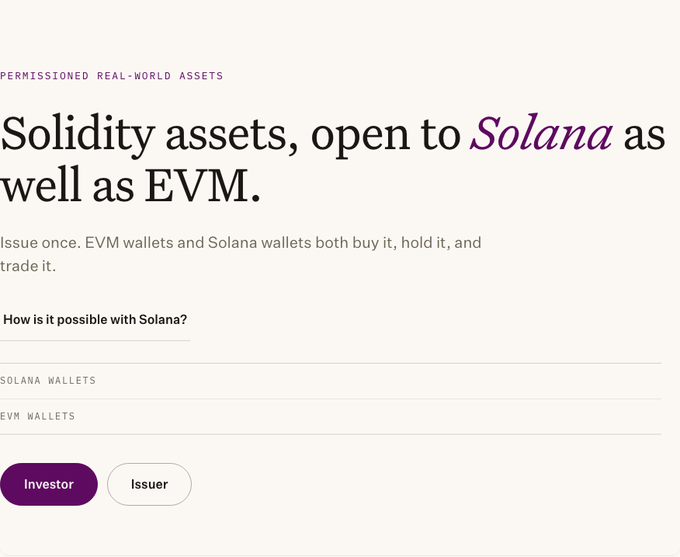 The image promotes "Permissioned Real-World Assets" on a platform enabling Solidity assets to be accessible to Solana and EVM wallets, with toggle options for "Investor" and "Issuer." It supports the post's argument by suggesting that instead of re-issuing tokens on Solana separately—a compliance-heavy task requiring duplicative rules, audits, and registries—platforms can bridge Solidity-issued assets across both ecosystems in a single deployment.