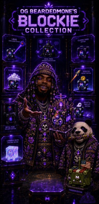 A promotional poster titled "OG BEARDEDMONEY'S BLOCKIE COLLECTION" featuring a man and a panda wearing ornate purple and gold bejeweled outfits, surrounded by NFT collectibles like "L-BUG," "GOLDEN EGYPTIAN PHARAOH EDITION," and "ELON & WALLET EDITION."