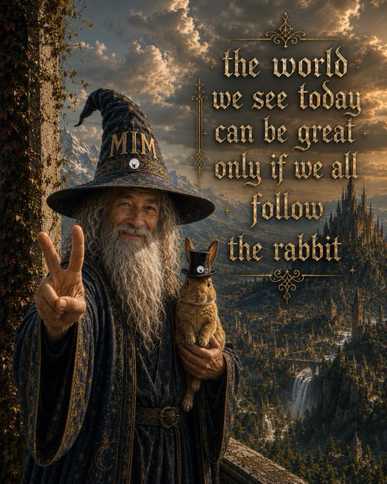 A wizard with a long beard wearing a hat labeled 'MIM' makes a peace sign while holding a rabbit in a top hat, with text reading 'the world we see today can be great only if we all follow the rabbit.'