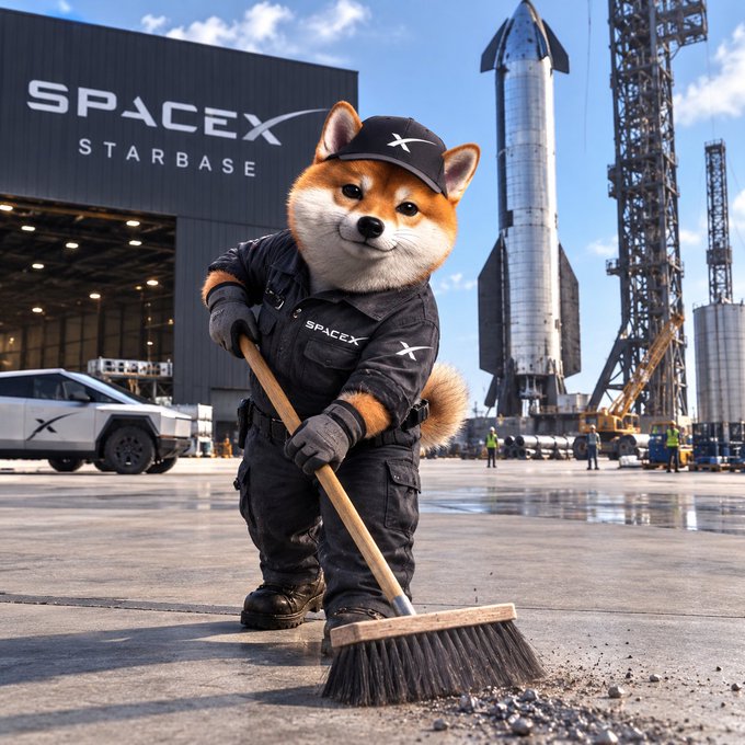 An AI-generated image of a Shiba Inu dog wearing a black SpaceX uniform and cap, holding a broom in front of a SpaceX Starbase facility with a rocket in the background.