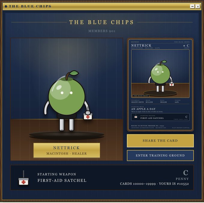 A digital trading card UI from 'The Blue Chips' featuring a character named 'Nettrick' (a Macintosh Healer) with a green apple-like body holding a first-aid satchel.