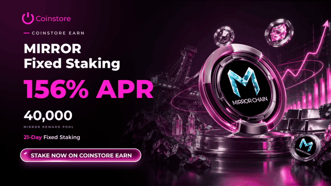 A Coinstore Earn promotional banner advertising MIRROR Fixed Staking with 156% APR and a 40,000 MIRROR reward pool over a 21-day period, featuring the MIRROR-CHAIN logo.