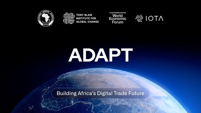 A promotional graphic for 'ADAPT - Building Africa's Digital Trade Future' featuring logos for the African Union, Tony Blair Institute for Global Change, World Economic Forum, and IOTA, set against a view of Earth from space.