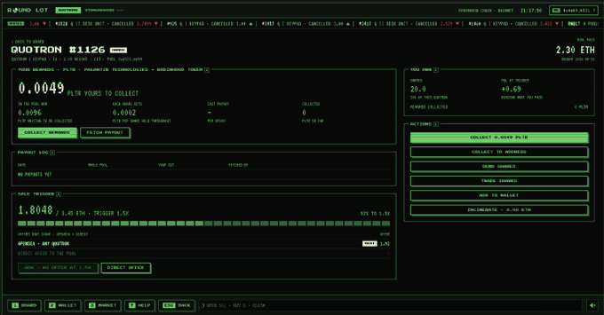 A dark-themed terminal-style dashboard labeled 'QUOTRON #1126' displaying real estate token metrics including '0.0049 PLR/YR TO COLLECT' and '1.8048 / 1.45 ETH'.