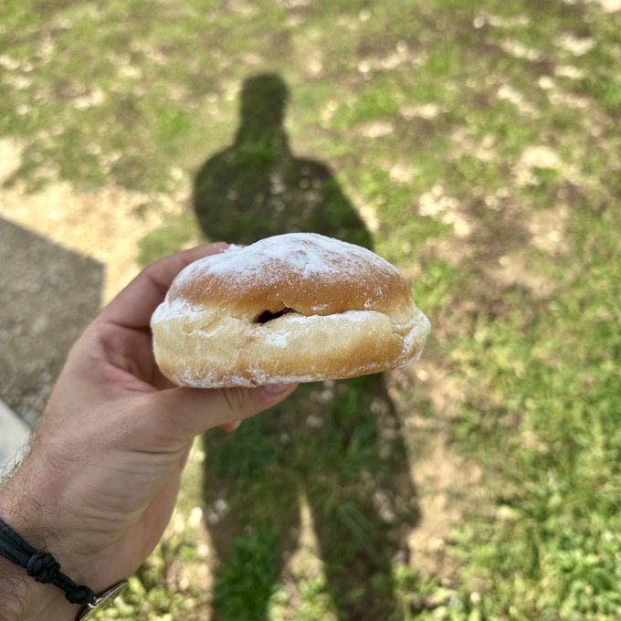 A hand holding a powdered sugar donut outdoors on grass, with the photographer's shadow visible on the ground behind it.