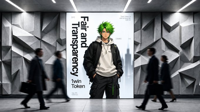 A billboard in a modern subway or transit station featuring an anime-style green-haired character with text reading 'Fair and Transparency' and '1win Token'.