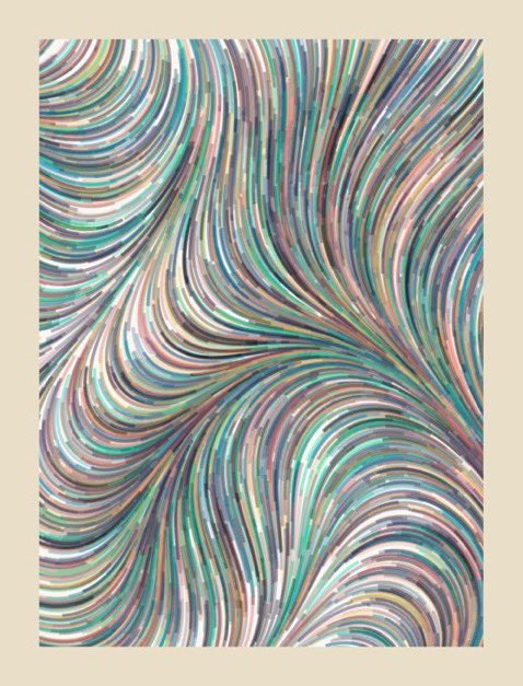 A vibrant abstract artwork featuring swirling, flowing waves of multicolored brushstrokes in shades of teal, pink, white, and pastel hues, framed by a cream border. This piece appears to be a preview of a generative art collection being launched on Robinhood, showcasing the kind of algorithmically-inspired, fluid visual style likely featured in the upcoming NFT mint.