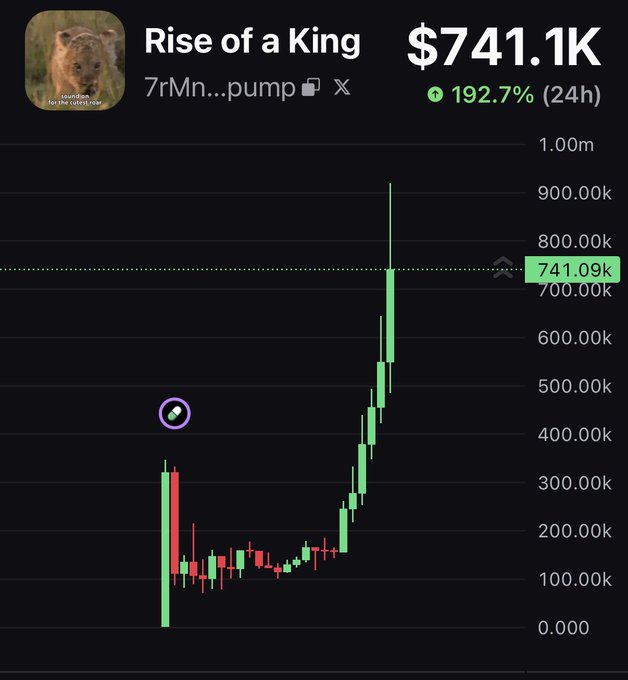 A candlestick chart titled "Rise of a King" shows a token at $741.1K with a 192.7% gain in 24 hours, featuring a dramatic vertical price spike from around $100K to over $900K—visually reinforcing the post's "$KIO king is rising" prophecy.