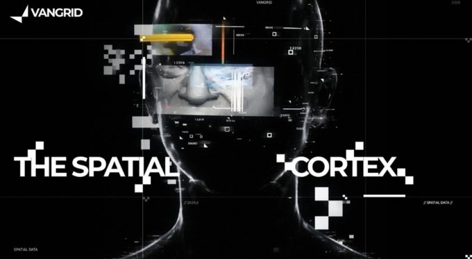 A stylized digital image featuring a transparent, tech-augmented human head with the fragmented text "THE SPATIAL CORTEX" overlaid, branded with the VANGRID logo.