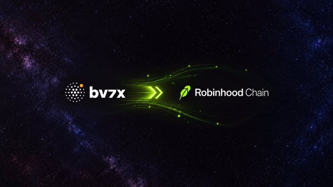The image visually represents the migration announcement, showing the **bv7x** logo on the left connected by glowing green trails to the **Robinhood Chain** logo on the right, set against a starry cosmic background. The design symbolizes the transition of the $BV7X token to the Robinhood Chain platform as mentioned in the post.