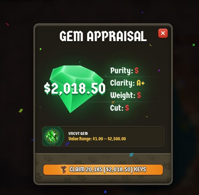 A 'GEM APPRAISAL' screen displaying a large green gem valued at '$2,018.50' with stats Purity: S, Clarity: A+, Weight: S, Cut: S, and a button to 'CLAIM 20,185 ($2,018.50) KEYS' for an uncut gem.