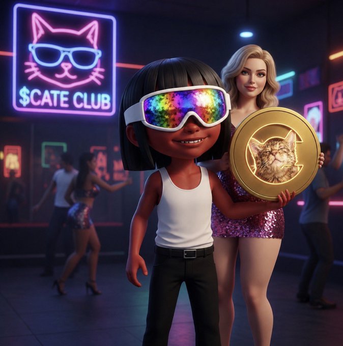 A stylized 3D character wearing rainbow-lensed ski goggles stands proudly in a neon-lit "$CATE CLUB" venue alongside a glamorous woman holding a gold coin featuring a cat logo, visually celebrating $CATE crossing the $50M market cap milestone as a top token on the DEX.