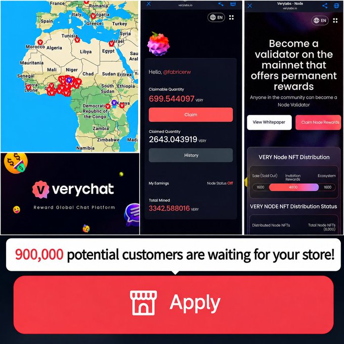 Promotional graphic for 'verychat' showing a map with pins across Africa, app screenshots for VERYlabs with claimable quantities, and a banner stating '900,000 potential customers are waiting for your store!' with an Apply button.