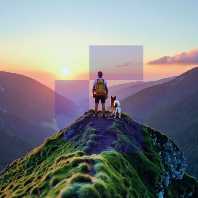 A hiker with a yellow backpack stands alongside a dog at the edge of a mountain peak, gazing out at a vibrant sunset over rolling hills. The breathtaking view captures the essence of the journey, reminding us that "Some journeys are worth the climb."