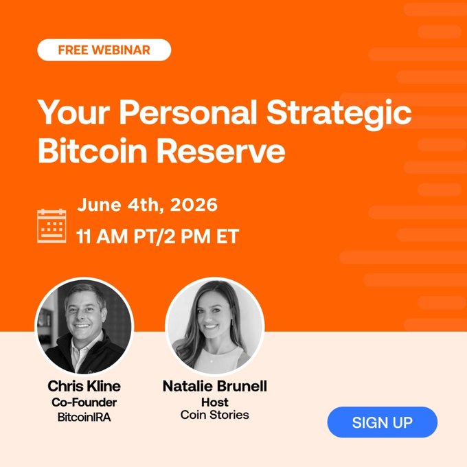 The image features a sign-up form for an online webinar titled "Your Personal Strategic Bitcoin Reserve" scheduled for June 4, 2016 at 11 AM PT/2 PM ET. The reason for the rescheduling of the webinar is unforeseen circumstances, as indicated by the caption provided in the image.