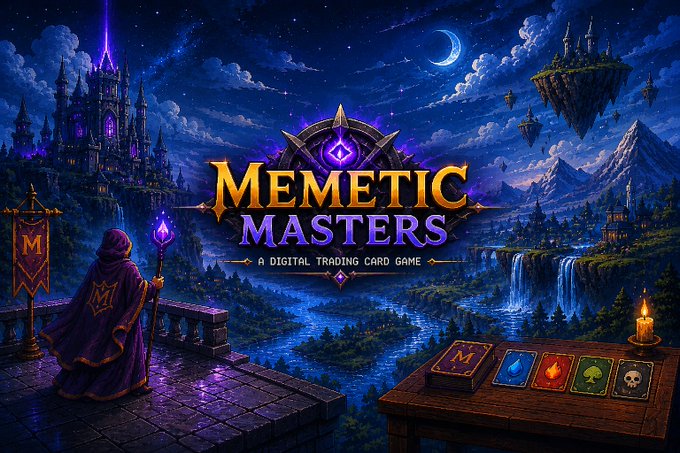 The image features a poster for Memetic Masters, an online video game that takes place in a fantasy world. The poster showcases a castle surrounded by a moat, with a river flowing through the center of the scene. A wizard holding a staff stands on top of the castle walls, and there are four decks available to play from the jump. The post also mentions that players can wager on games using $MASTER, $ethereum, Ripple, or HyperliquidX tokens.