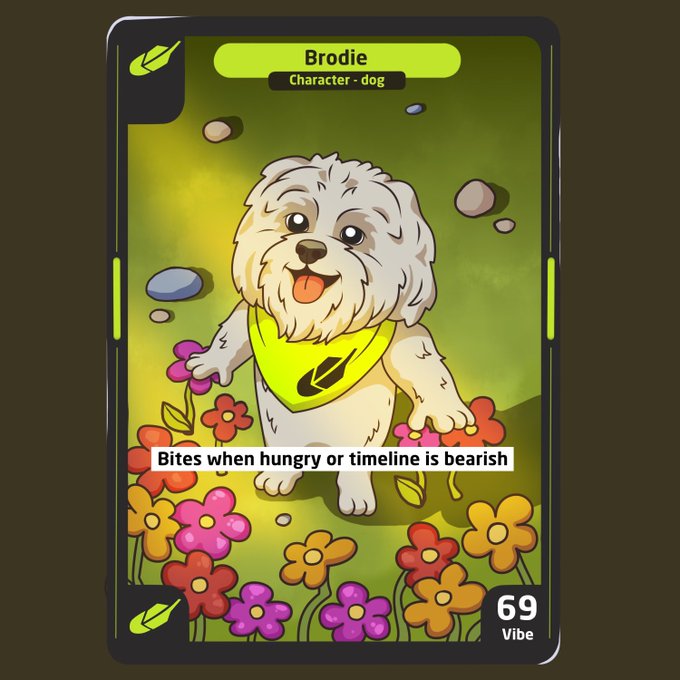 A digital trading card featuring a cheerful cartoon dog named "Brodie" wearing a yellow bandana, standing among colorful flowers. The card is labeled "Character - dog" with a "Vibe" score of 69 and a humorous warning that reads "Bites when hungry or timeline is bearish," fitting the "$BRODIE" memecoin's playful, reboot-themed branding.