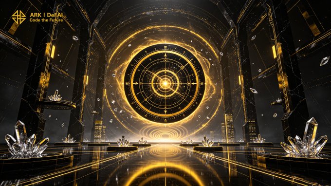 The image displays a futuristic black marble hall centered on a glowing golden cosmic clock-like mechanism, with crystal formations lining the reflective floor and "ARK | DeFAI — Code the Future" branded in the upper-left corner.

It visually reinforces the post by portraying $ARK's DeFAI vision as a grand, time-defining system — symbolizing how AI Agents serve as the central execution engine powering scalable, intelligent automation within the ARK ecosystem.