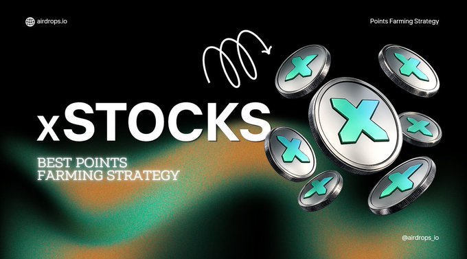 The image is a promotional graphic from airdrops.io featuring the "xSTOCKS" token with multiple coin tokens displaying an "x" symbol, advertising it as the "BEST POINTS FARMING STRATEGY." The accompanying caption explains that xStocks is a promising September retrodrop farm where users can earn "xPoints" by holding xStocks, lending, providing liquidity, and utilizing referral/Telegram boosts for compounded rewards.