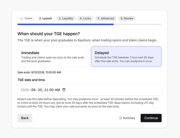 A Raydium token launch interface showing the 'Advanced' step (5 of 6) where users configure TGE (Token Generation Event) timing, with 'Delayed' selected and a scheduled date of 2026-08-20, 11:00 AM.