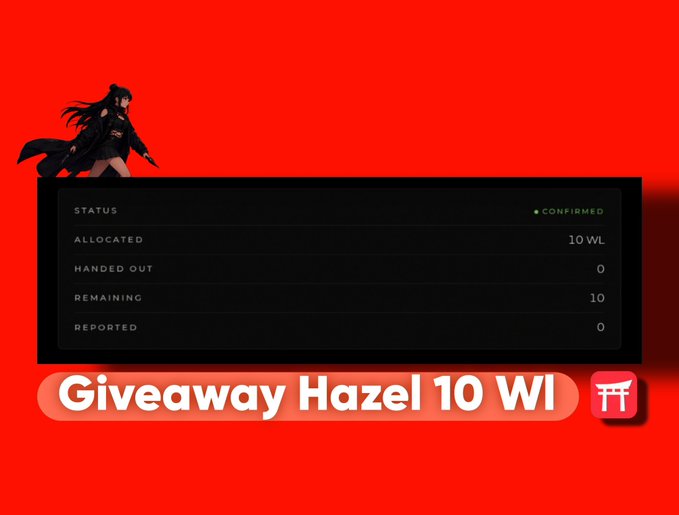 A promotional graphic with a red background featuring an anime-style character, showing "Giveaway Hazel 10 WI" with status: Allocated 10 WL, Handed Out 0, Remaining 10, Reported 0.