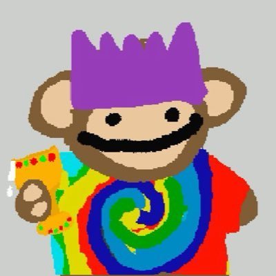 A crude digital drawing of a monkey-like character with purple spiky hair, a mustache, and a tie-dye shirt, holding a slice of pizza.