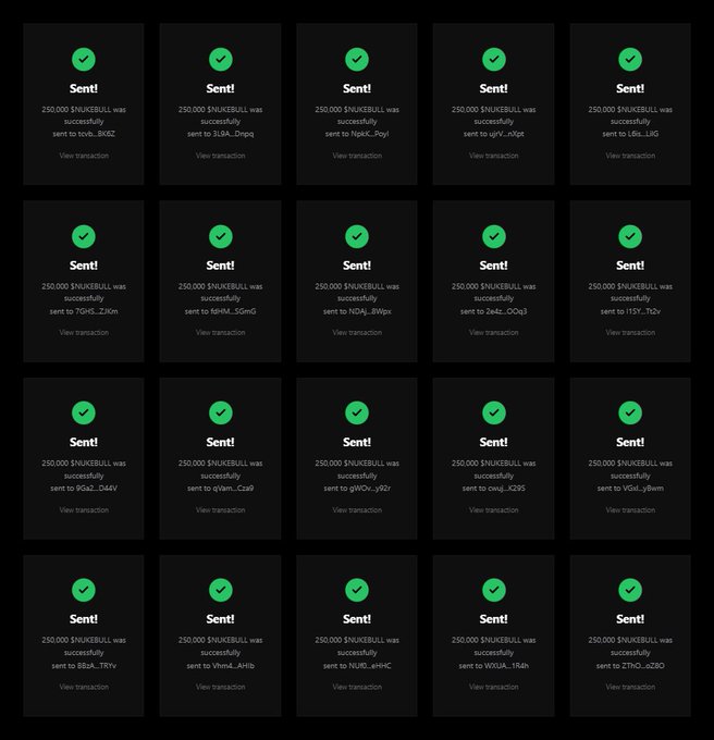 The image displays a grid of 20 "Sent!" confirmation cards, each showing that 250,000 $NUKEBULL tokens were successfully sent to different Solana wallet addresses. This appears to serve as visual proof of the airdrop distribution mentioned in the post, where participants submitted their Solana addresses to claim tokens.