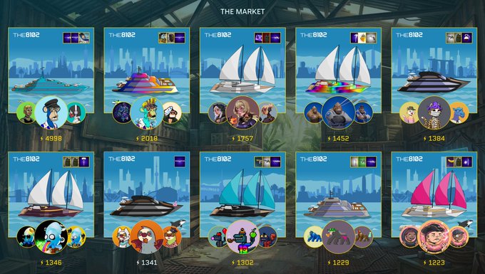 A video game marketplace interface titled 'THE MARKET' displays a grid of boats for sale, labeled 'THE 8102', with various prices and character avatars below each vessel.