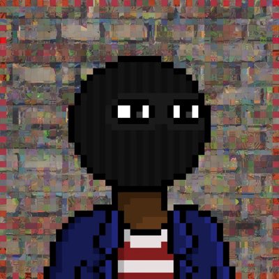 A pixel art image showing a black figure with a blank face and small white eyes, wearing a blue jacket over a red and white striped shirt, set against a brick wall background.
