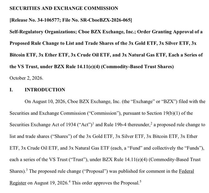 A Securities and Exchange Commission document dated October 2, 2026, approving a Cboe BZX Exchange rule change to list shares of 3x Gold, Silver, Bitcoin, Ether, Crude Oil, and Natural Gas ETFs under the VS Trust.