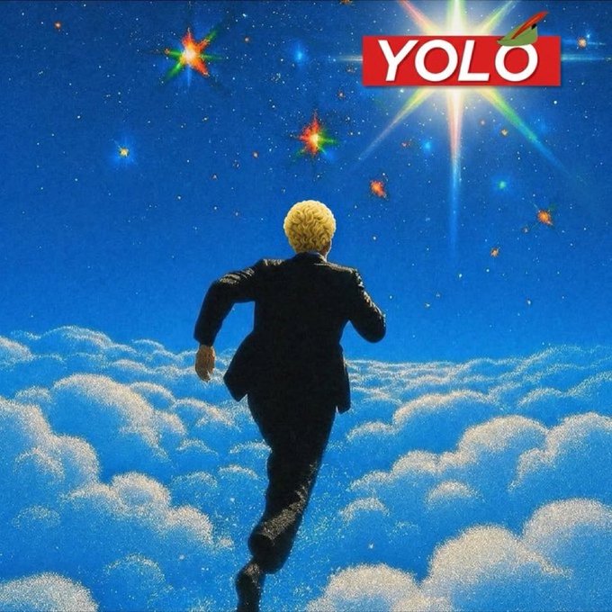 An album cover-style image shows a blonde man in a black suit running through clouds toward a starry sky, with a 'YOLO' logo in the top right corner.