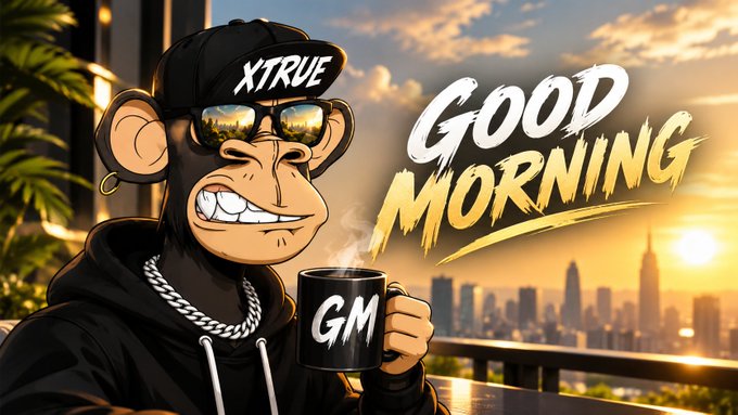A digital illustration of a Bored Ape-style monkey wearing an XTRUE cap, sunglasses, and a chain, holding a 'GM' coffee mug against a city skyline sunset with the text 'GOOD MORNING' in gold and white brushstrokes.