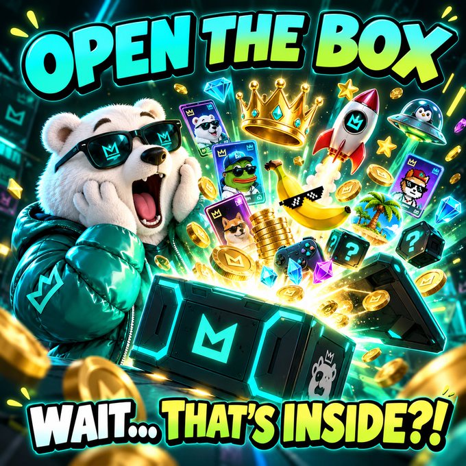 A vibrant promotional graphic reads 'OPEN THE BOX' and 'WAIT... THAT'S INSIDE?!' featuring a screaming polar bear in sunglasses amidst floating coins, crowns, and game cards.