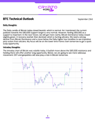 A document titled 'BTC Technical Outlook' for September 23rd with the header 'Swissblock', detailing a 'Daily thoughts' section about Bitcoin's price action and a line chart showing a downward trend.