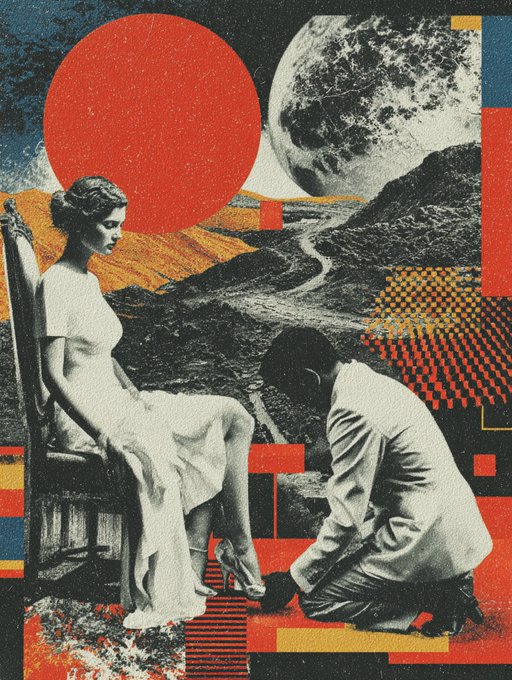 A retro collage-style artwork featuring a black-and-white photo of a woman seated while a man kneels to put on her shoe, layered with a red sun, a grayscale moon, mountains, and bold red and orange geometric shapes.
