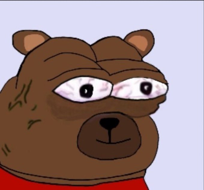 A cartoon drawing of a brown bear with large, bloodshot eyes staring forward against a light blue background.