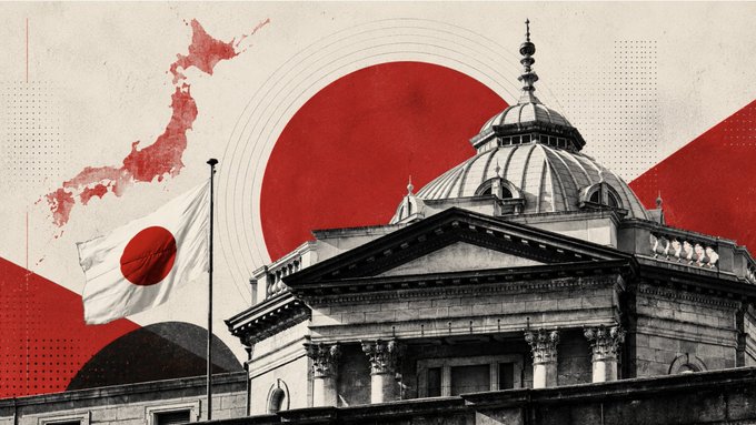 The image features a large building with columns, an architectural dome, and a flag flying above it. The backdrop of the scene displays various colors like red, black, white, and gray, along with geometric shapes including circles, squares, and diamonds. Below these, there are images of a country's flag (Japan) and a market cap figure (Microsoft). In addition to this, text in the image mentions that the current exchange rate is $68.75 per Bitcoin and that the market is at $66,000 for Standard Chartered.