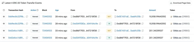 A screenshot of blockchain transaction data titled 'Latest 4 ERC-20 Token Transfer Events' showing transfer hashes, block numbers, and token amounts for ORBIO.