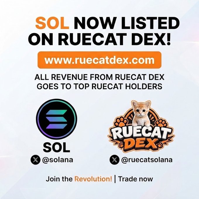 A promotional graphic for Ruecat DEX announcing that SOL is now listed on www.ruecatdex.com, with tags @solana and @ruecatsolana.