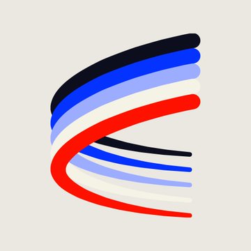 A stylized red, white, and blue swirling 'E' logo on a white background.