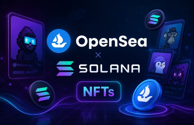A promotional graphic displays the OpenSea logo alongside the Solana logo with the text 'NFTs' on a glowing blue button, surrounded by NFT character cards on a dark background.