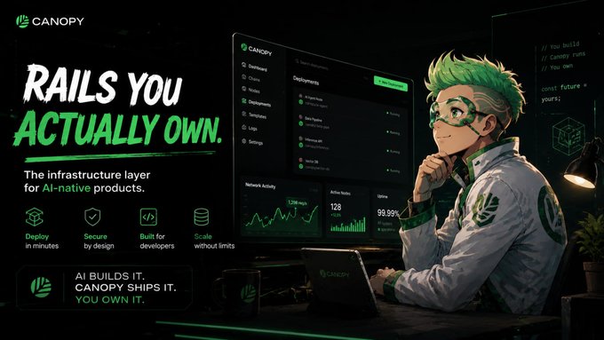 Promotional advertisement for Canopy with tagline 'RAILS YOU ACTUALLY OWN' describing it as 'The infrastructure layer for AI-native products,' featuring an anime-style character with green hair at a computer showing a dashboard with network activity and active nodes.