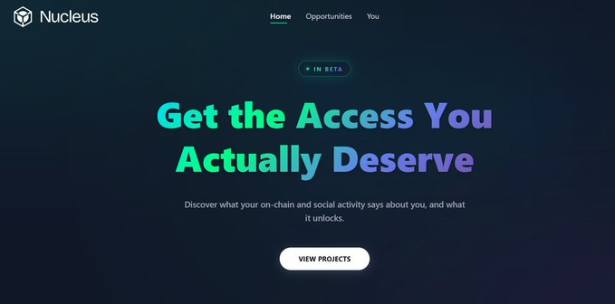 The image shows the Nucleus homepage with a "IN BETA" badge and the headline "Get the Access You Actually Deserve," promoting a platform that evaluates users based on their on-chain and social activity. The caption ties to the post by highlighting how Nucleus addresses access inequality by analyzing wallet history and offchain contributions to determine what users genuinely deserve, rather than rewarding just the loudest participants.