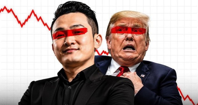An image of two men with red bars over their eyes — one in a black suit and one resembling Donald Trump — set against a red downward-trending stock chart, suggesting a market decline.