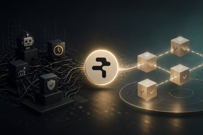 A glowing circular logo with a branching symbol sits between dark cubes with icons on the left and golden cubes with checkmarks connected by light beams on the right.