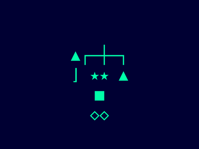 A minimalist digital design on a dark blue background showing a simple face made of teal geometric shapes: a triangle, line, two stars, another triangle, a square, and two diamonds.