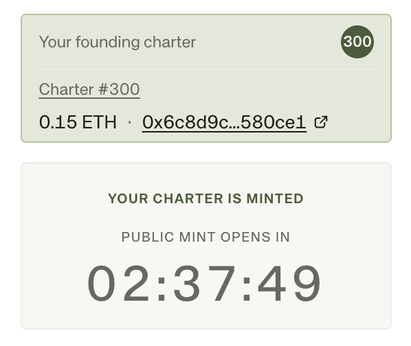 A screenshot showing 'Your founding charter #300' for 0.15 ETH with a truncated wallet address (0x6c8d9c...580ce1), confirming 'YOUR CHARTER IS MINTED' with a countdown of 02:37:49 until public mint opens.