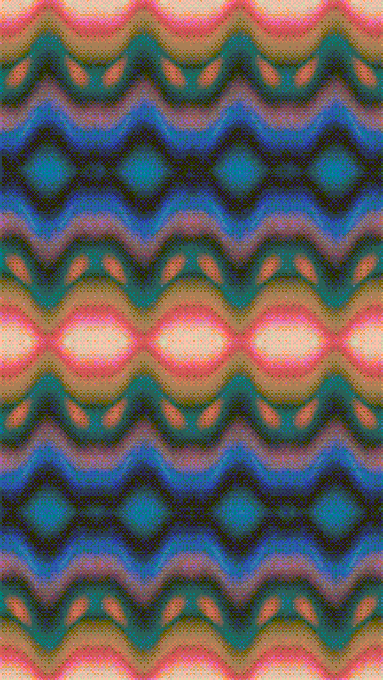 A vibrant, pixelated kaleidoscopic pattern features repeating horizontal bands of glowing diamond and zigzag motifs in shades of pink, teal, blue, green, and yellow. The accompanying "untitled" caption reflects the image's abstract, non-representational nature, as no subject is identifiable to assign a specific title.