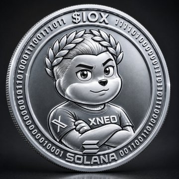 A silver commemorative coin features a cartoon character with a laurel wreath and "XNEO" on its shirt, surrounded by binary code and the text "$10X SOLANA." The coin's design ties into the post's request for Solana wallet addresses, likely serving as a giveaway graphic for a SOL airdrop.