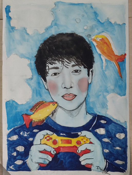 A watercolor painting of a young man holding a yellow and red game controller, wearing a fish-patterned shirt, with two orange fish floating nearby against a blue cloudy background.